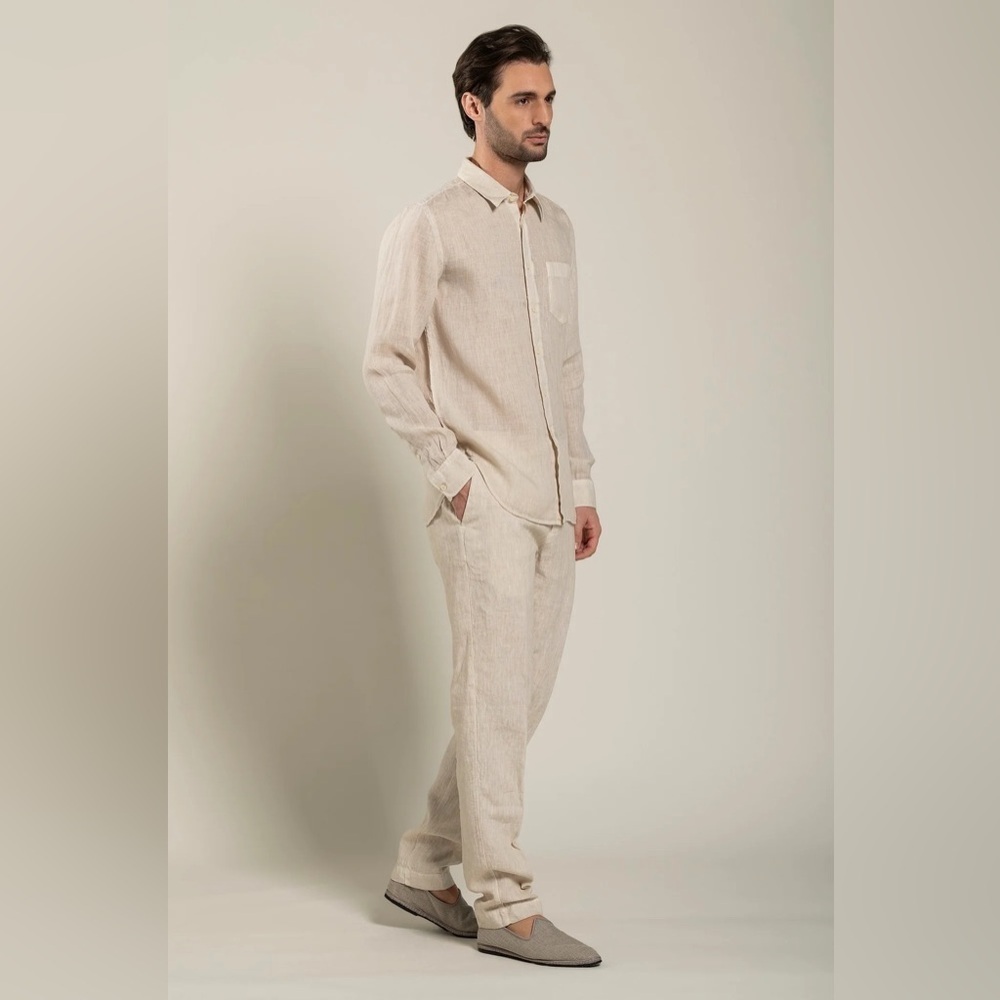 120% LINO ITALIAN PURE BUTTON UP SHIRT BEIGE ACID WASH LARGE